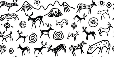 Seamless petroglyph pattern, rock paintings, isolated on white background, vector design	
