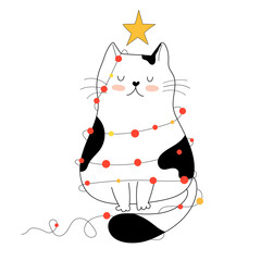 Cute kitten in a New Year's garland. Template. Vector graphics isolated on a transparent background