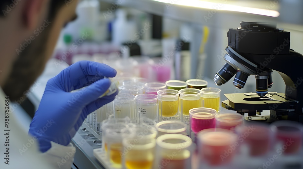 Poster scientist examining samples with microscope and test tubes