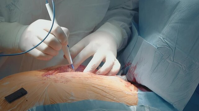 Doctor makes deep incision in patient chest closeup. Cardiology surgeon uses hot laser scalpel for coronary artery bypass surgery in hospital
