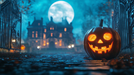 Obraz premium Jack o lantern near forged gate against background of forest mansion on Halloween holiday night