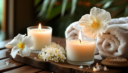 Tranquil spa ambiance with lit candles, white flowers, and soft towels arranged on a wooden surface