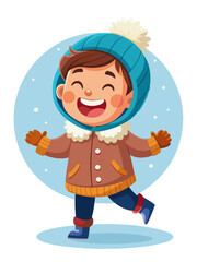 happy cute little kid play and wear jacket in winter season. child smile wearing warm clothes.