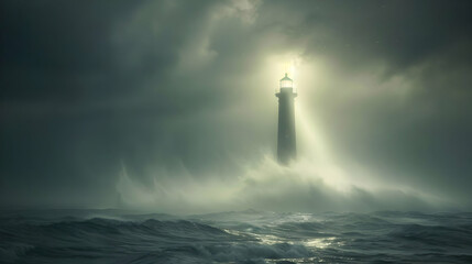 Fototapeta premium Lighthouse in a Stormy Sea: A Beacon of Hope