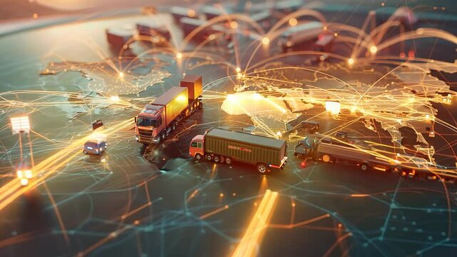 Global Logistics Network with Trucks and Digital Connections on World Map.