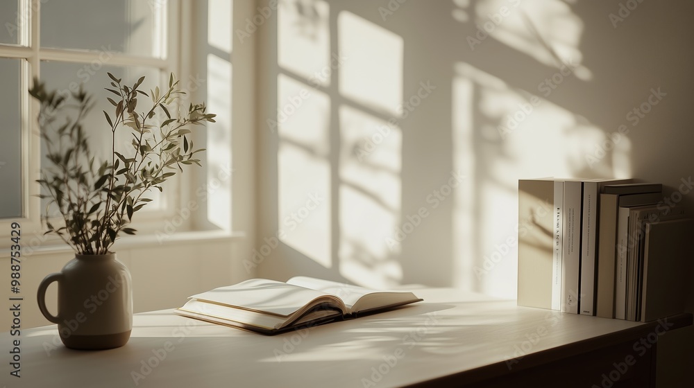 Poster a serene workspace featuring an open book and a vase with greenery, illuminated by soft sunlight thr