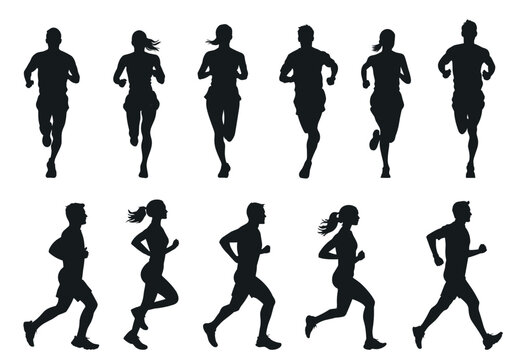 Black silhouettes of sport runners set. Side and front view. Man and woman in different sport cloth running. Park exercising outdoor gym health care activity. Cartoon style isolated vector clipart