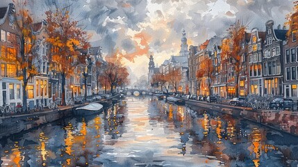 Fototapeta premium Autumn twilight over serene canals in a picturesque Dutch city, capturing the cozy glow of city lights. Generative AI