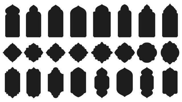 Islamic windows shapes. Oriental badge silhouettes, east gate frame with domes and traditional Arabian architecture arches or Mosque decorations vector set