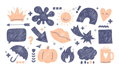 Hand drawn sketches, icons of shapes with pencil scribbles.  Vector doodles of fire, flower, star, arrow, coffee mug, crown, sun, rain, heart and umbrella with pen strokes