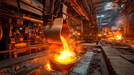 Molten metal pouring at a large industrial foundry during nighttime, showcasing the intense activity and glowing furnaces