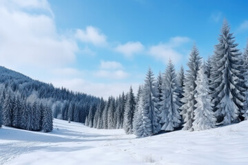 Snow-covered pine trees in bright sunlight