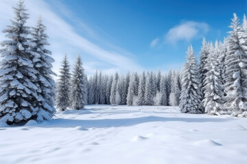 Obraz premium Snow-covered pine trees in bright sunlight