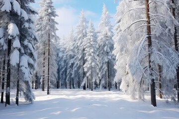 Fototapeta premium Snow-covered pine trees in bright sunlight