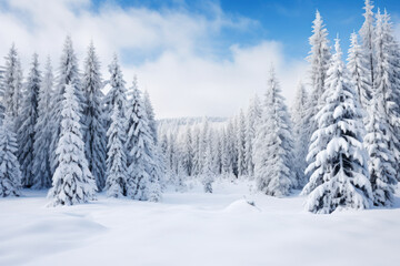 Naklejka premium Snow-covered pine trees in bright sunlight