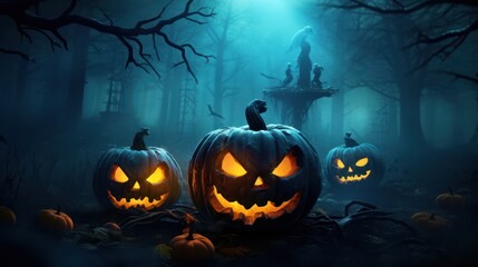 Halloween Jack-O'-Lanterns in a Mysterious Forest
