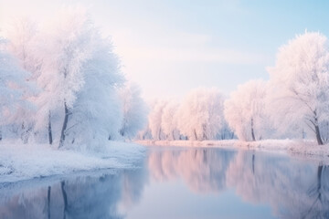 Fototapeta premium Magical frost-covered pink trees in winter