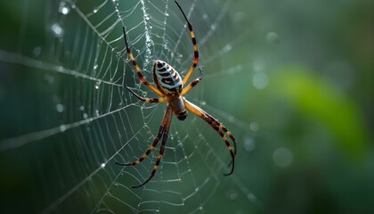 A close-up view of a spider delicately perched on its intricate web, glistening with dewdrops that catch the morning light, creating a sparkling effect against a blurred natural background.