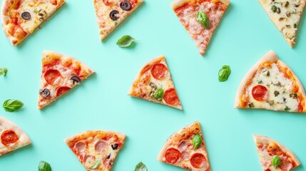 A colorful arrangement of pizza slices on a turquoise background.