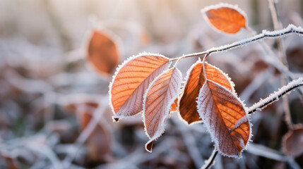 Frost-covered leaves glinting at sunrise
