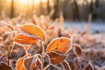 Frost-covered leaves glinting at sunrise