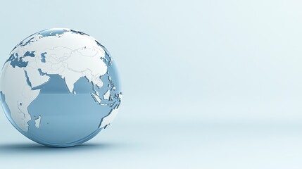 A translucent globe displays an Asian map with soft blue hues, set against a clean white backdrop in a minimalist design, ideal for modern decor
