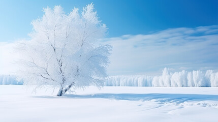 Frosted tree in a snowy landscape at dawn