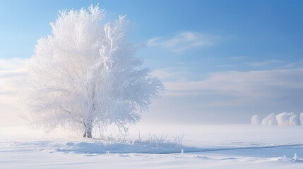 Frosted tree in a snowy landscape at dawn