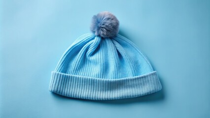 Soft blue cotton sleeping cap adorned with a fluffy pom at the top, resting against a gentle light blue background.