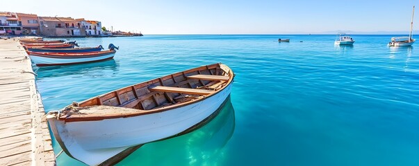 Obraz premium Charming Fishing Village by the Ocean - Tranquil Scene with Wooden Boats Salty Breeze and Maritime Life Under the Sun