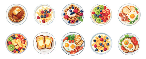 Breakfast on the plate top view. Waffles toast pancake corn flakes with milk and berries fruits bacon eggs. Healthy meal. Morning food vatiations. Cartoon style isolated vector clipart collection