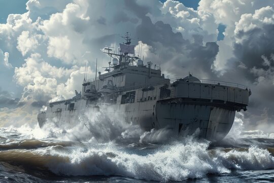 Modern Amphibious Transport Dock Warship. High Detail Military Technology concept