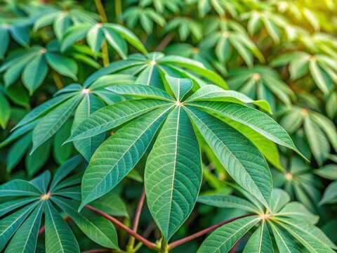 Softly focused on the delicate cassava tapioca plant leaves, the background blurs into a gentle haze, emphasizing the intricate textures.