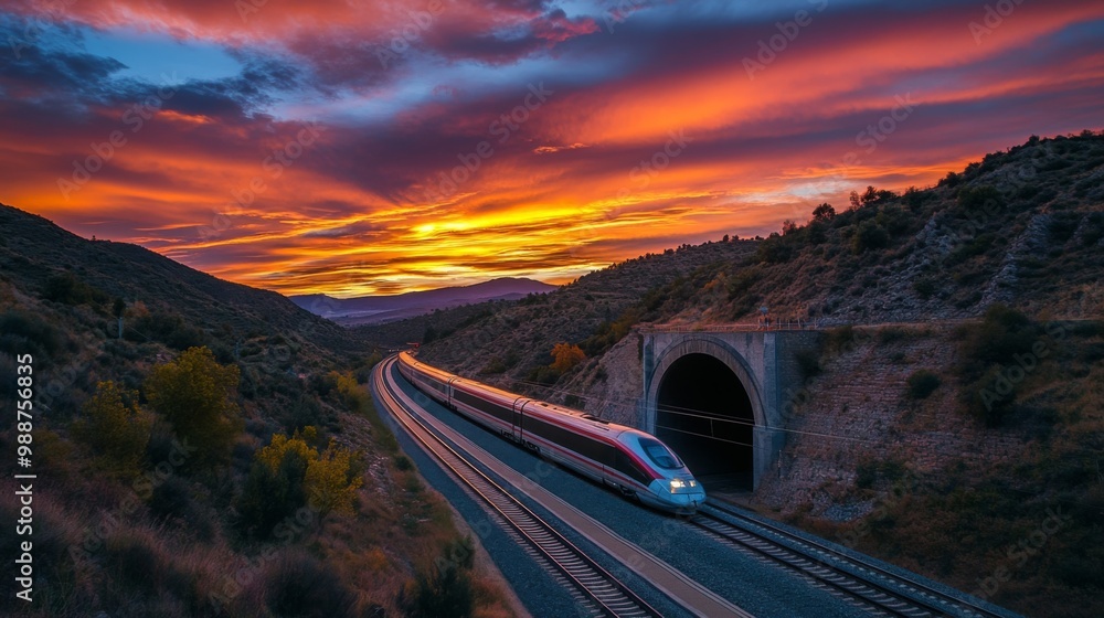 Poster a beautiful sunset view of a high-speed train entering a tunnel, with vibrant colors in the sky cont