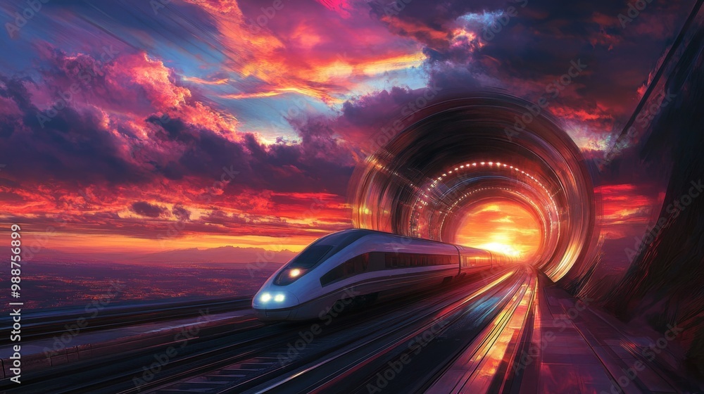 Poster a beautiful sunset view of a high-speed train entering a tunnel, with vibrant colors in the sky cont