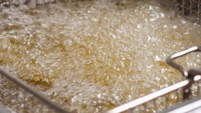 Close-up of deep-fried boiling oil in the restaurant kitchen. The process of cooking various fried snacks in an industrial kitchen. Fast food.