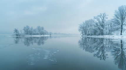 Frozen Lake with Snow Covered Trees and Reflections