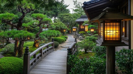 A beautifully arranged Japanese garden with lanterns, bonsai trees, and a wooden bridge, highlighting the integration of nature and architecture in Japanese homes.