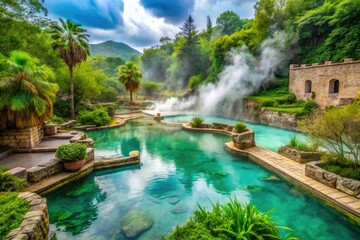 Steam rises from tranquil turquoise thermal pools surrounded by lush greenery and ancient ruins