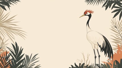 Exotic Crane Illustration with Tropical Palm Leaves Background