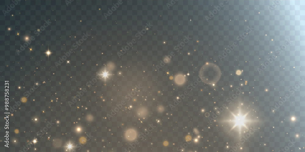 Poster Light abstract glowing bokeh highlights. Light bokeh effect isolated on transparent background. The Christmas background shines from the dust. Christmas concept for design and illustrations.