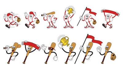 Set of Happy Baseball Ball and Bat Mascot Cartoon Character
