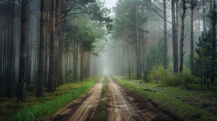 A dense pine forest in the early morning fog