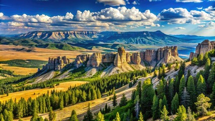 Naklejka premium Sun-kissed Pryor Mountains stretch towards the sky, jagged peaks and rolling hills unfolding beneath a brilliant blue canvas, nature's majesty on full display.