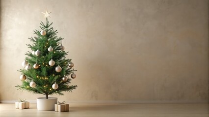 Svelte Christmas tree stands tall with sparse branches and understated ornaments against a calm, neutral backdrop.