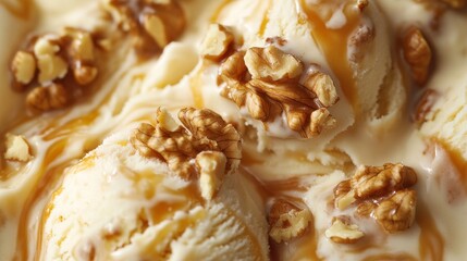 This ice cream is a delicious mix of creamy vanilla, crunchy walnuts, and sweet caramel swirls.  It's photographed up close, so you can really see the texture and flavors.