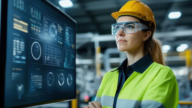 Engineers monitoring real-time data on a digital screen, optimizing plastic waste recycling efficiency with AI-driven technology recycling tech, plastic waste processing