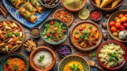 Fototapeta premium Tangy spices, aromatic stews, fresh salads, and intricate pastries harmonize to bring forth the vibrant flavors of Moroccan cuisine.