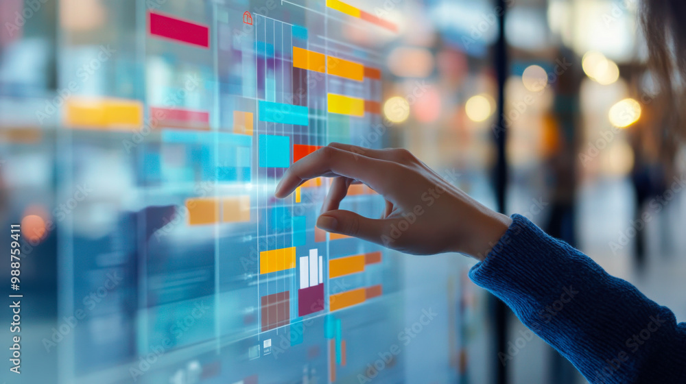 Poster person interacting with a digital touchscreen display showcasing colorful data visualizations in a m