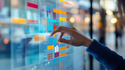 Person interacting with a digital touchscreen display showcasing colorful data visualizations in a modern office setting